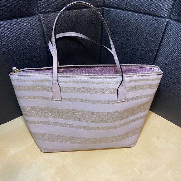Kate Spade Glitter Stripe Lavender Tote Bag – Saffiano Leather, Zip Top - Picture 2 of 12